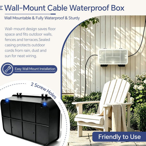 Heavy Duty Outdoor Electrical Box With IP54 Weatherproof Shield And Dual Cable Ports For Power Strips Plugs And Holiday Lights Black One Pack, mounted on wall.