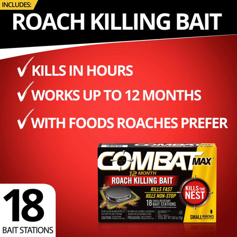 Heavy Duty Roach Killer Bait Traps Designed To Wipe Out Small Roach Nests Fast And Gut The Colony From The Inside While Shielding Your House For 12 Months With Residual Action That Kicks Creepy Crawlers To The Curb And Includes 18 Count Pack in a red background.