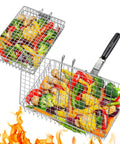 Two Pack Nesting Grill Baskets With Removable Handles For Outdoor BBQ Grillin Barbecue Gear Stainless Steel Camping Accessories For Meat Fish Shrimp Veggies And More A Great Gift For Dad Husband Or Any Grill Master filled with colorful veggies in use