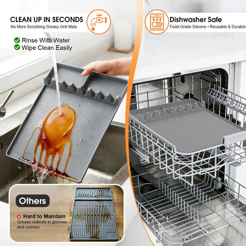 Person rinsing Silicone Grill Mats For Griddle Spatula Tool Mat With Drip Pad, showcasing easy clean features next to a dishwasher