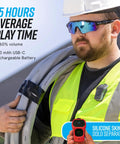Worker wearing 39G Wearable Bluetooth Speaker With Magnetic Clip On Waterproof For All Weather Up To 15 Hours Of Playtime Clip On Microphone Speaker attached to safety vest.