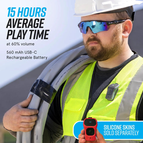 Worker wearing 39G Wearable Bluetooth Speaker With Magnetic Clip On Waterproof For All Weather Up To 15 Hours Of Playtime Clip On Microphone Speaker attached to safety vest.