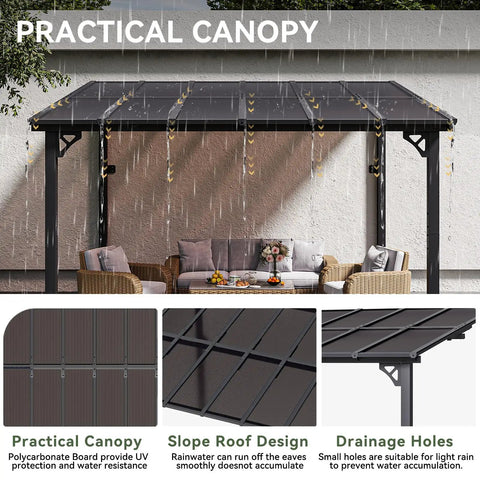 10X12 Outdoor Gazebo For Patio And Deck With Sloped Roof Wall Mounted Tough As Nails Pergola Awnings Weatherproof UV Reflective Polycarbonate Top Built To Handle Sun Rain Backyard Patio And Outdoor Living