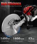 Professional Grade 52CC Two Stroke Gas Concrete Cutting Saw Featuring A Rugged Workhorse Design With 13 Inch Diamond Blade And Sturdy Rubber Wheels For Quick Slab Jobs close-up of diamond blade and gas motor components