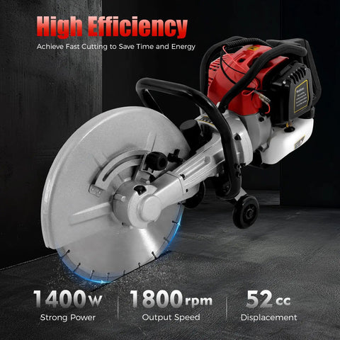 High Output 52Cc Gas Cut Off Saw Cracks Asphalt Like A Warm Knife Through Butter Utilizing 1400 Watt Motor And 1800 Rpm Speed Plus Wet Disk Design for cutting.