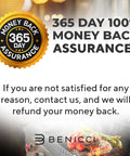 365 day money back guarantee badge next to grilled food and Benicci logo
