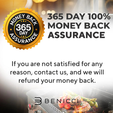 365 day money back guarantee badge next to grilled food and Benicci logo