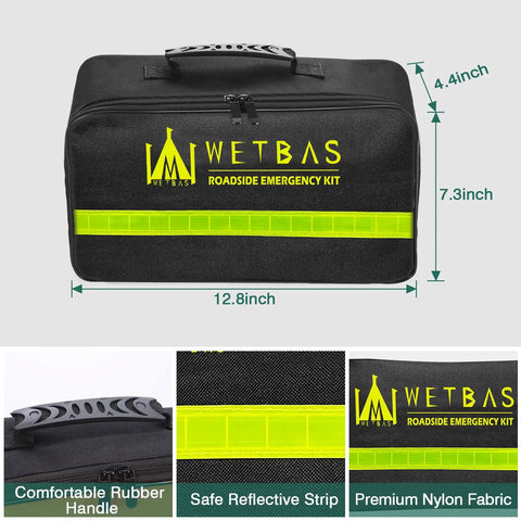 Roadside Emergency Kit For Cars With Jumper Cables Safety Hammer And Reflective Warning Triangle All In One Auto Vehicle Safety Essentials in black nylon bag with reflective strip and rubber handle.