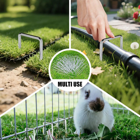Six Inch Landscape Staples Set Of Fifty Durable 11 Gauge Garden Stakes For Plant Support And Weed Barrier Fabric Hot Dip Galvanized SOD Pins For Heavy Duty Outdoor DIY Yard Work And Decoration in various installations.