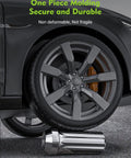 Built Different Chrome Spline Lug Nuts With M14x1.5 Thread And 60 Degree Tapered Seat For Trucks And Suv Includes Socket 24 Piece Set Heavy Duty Wheel Hardware Beat Down Tested on a vehicle wheel.