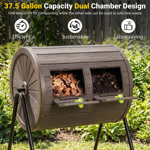 Dual Chamber Compost Bin With 360 Degree Rotating Tumbler 37.5 Gallon Outdoor Bin On Sturdy Metal Stand Lockable Doors BPA Free Plastic ideal for composting yard waste in garden setting.
