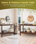 Indoor and outdoor view of all weather patio bar table and console with two shelves, 48 inch solid wood, espresso finish.