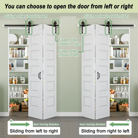 Ninety Six Inch By Eighty Four Inch Five Panel Folding Barn Door Kit showcasing adjustable sliding rollers for left or right opening.