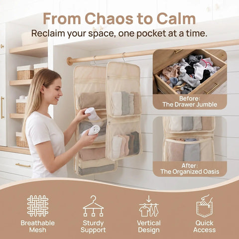 Game Changer 2 Pack Mesh Hanging Closet Storage Organizers Beige Foldable Bra And Sock Storage Pockets Anti Tangle Wardrobe Bags in use
