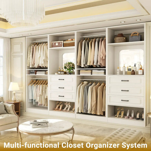 Straight Up Dream Closet Setup Modular Storage Organizer With Drawers And Full Length Mirror White Closet Rack System For Bedroom showcasing hanging clothes, drawers, and decor.
