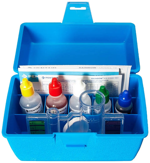 All In One Pool And Spa Water Test Kit Is A Badass Way To Keep Your Backyard Oasis Crisp Checks PH Chlorine Acid Demand And Total Alkalinity Includes Killer Reagent Trio Lucite Cup And No Fuss Guide in a blue carrying case with colorful reagents.