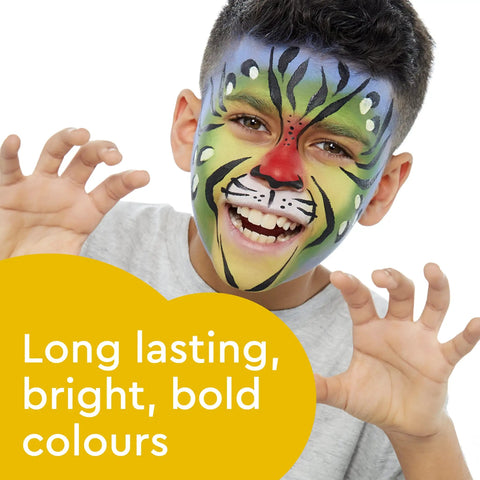 Top Shelf Fantasy Face Paint Palette Kit Featuring Skin Safe Cosmetics Grade Pigments With Smooth Metallic Sparkle Shades Includes Quick Dry Brush And Carry Case Killer For Halloween Festivals And Birthday Bash Body Art, boy with colorful tiger face paint smiling.