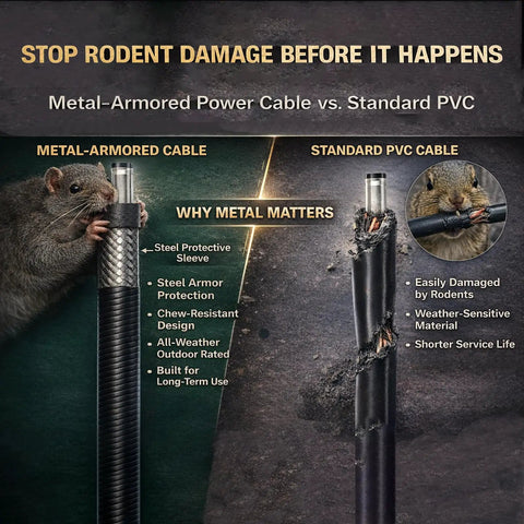 Comparison of Built Tough Heavy Duty Chew Proof Trail Camera Power Cable vs Standard PVC cable with rodent damage.