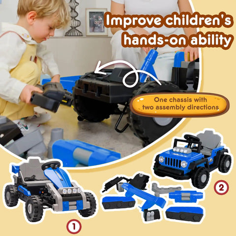 2 In 1 Ride On Car For Kids With Buildable Blocks For Hands On Building Fun Switchable Truck And Go Kart 12V Battery Powered