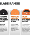Three diamond blades, including a 9 Inch Diamond Blade For Multi Material Cutting With Segmented Edge Seven Eighths Inch Bore All Purpose.
