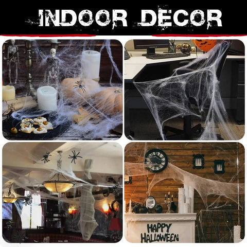 Premium Super Stretchy Halloween Spider Webs Covering 1400 Square Feet With 150 Extra Fake Spiders used for indoor decor setups.