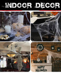 1000 Square Feet Spider Web Halloween Decor with 30 Fake Spiders White Cobweb Mesh creates indoor spooky scenes with realistic texture.