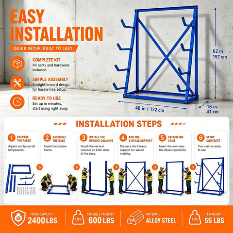 Workhorse Heavy Duty Lumber Storage Rack With Adjustable Arms And Beefy Alloy Steel Build For Stashing Pipes And Rebar Up To 2400 Pounds Without Breaking A Sweat installation steps visual guide on a concrete wall.