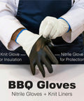 Person putting on Dual Layer Heat Defense BBQ Gloves For Grilling And Cooking Non Slip Nitrile Grip Ambidextrous Oven Mitts
