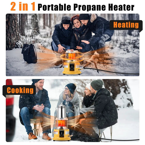 Two In One Propane Heater And Stove With 13000 BTU Output, Portable Outdoor Heater warming group outdoors in snowy setting