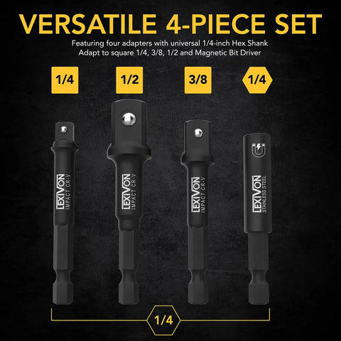 Impact Socket Adapter And Magnetic Bit Holder Set, Four Piece 1/4 Inch Hex Shank Extensions To 1/4, 3/8, And 1/2 Inch Drives