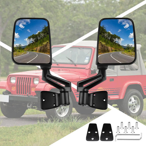 Passenger and driver side view mirror pair replacement for Jeep Wrangler manual folding no drilling easy install black finish mirrors for TJ and classic Wrangler models 1987 through 2002, shown with installation hardware.