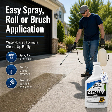 Man applying penetrating concrete sealer for driveways, patios, pavers, brick, grout and masonry using spray applicator outdoors.