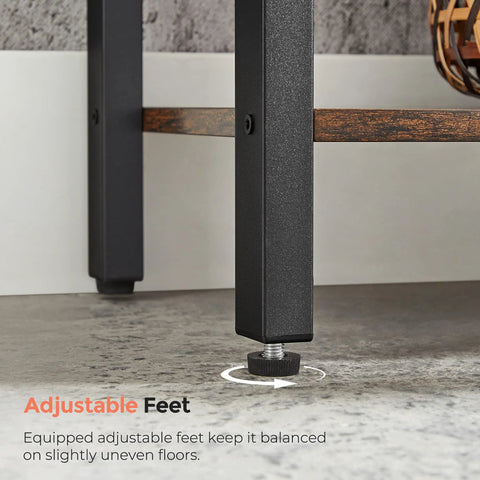 Five Tier Free Standing Bookshelf Built Tough With A Heavy Duty Steel Frame And Wide Wooden Shelves For Smart Storage and Laid Back Home Vibes, showcasing adjustable feet on a sturdy base.