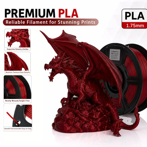 Slick Deep Red PLA High Speed 3D Printer Filament 1.75MM with a detailed dragon figure and spool, ideal for miniatures.
