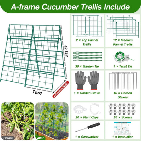 Foldable A Frame Cucumber Trellis For Raised Beds, Metal Garden Support In Coated Steel, 42x32 Inch Climbing Trellis with kit