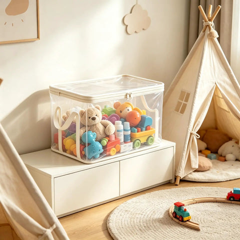 Set Of Three Thick Clear Plastic Storage Bins With Hinged Lids Heavy Duty Stackable Organizer Boxes For Bedroom Closet And Travel Gear in child's room.