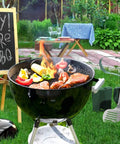 Golf Club Style BBQ Tool Set 7 Piece with Rubber Handles Stainless Steel Grilling Utensils Kit beside outdoor grill scene.