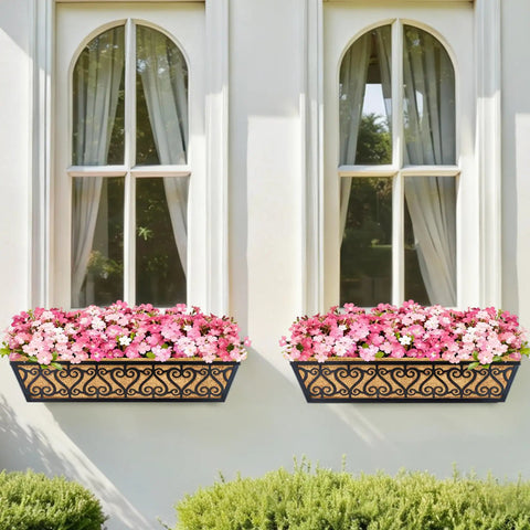 Two Pack 24 Inch Deck Railing Planter Box With Adjustable Brackets And Coco Liners Weatherproof Metal Construction on window sill