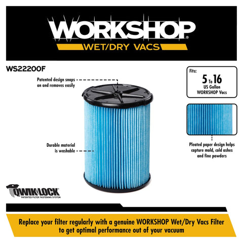 Pro Grade Fine Dust Wet Dry Vacuum Filter Replacement for 5 to 16 Gallon Shop Vacs with Qwik Lock Fastening 1 Pack