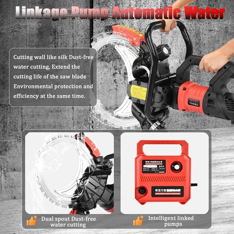 Heavy Duty Workhorse 12000W Electric Wall Chaser With Brushless Pure Copper Motor and Two 16 Inch Diamond Blades for Wet Concrete Cutting and Brick Slotting showcases automatic water pump feature.