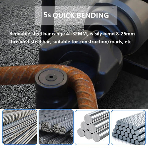 Electric Rebar Cutter And Bender 1800W Hydraulic Machine showing rebar bending process with tool close-up.
