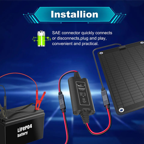 SAE connector connecting a LiFePO4 battery to a 10W solar battery charger, demonstrating installation for the solar battery system.