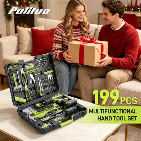 Smooth Operator 20V Cordless Drill Driver With 199 Piece Power Tool Set Including Two Batteries Quick Charger Led Light And Rugged Tool Box For Easy Home Projects Furniture Assembly And Wood Metal Drilling Built Tough To Crush Any Job displayed in a festive setting with a smiling couple.