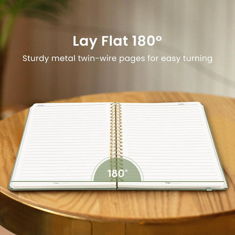 Premium Spiral Notebook And College Ruled Journal Featuring Slick Water Resistant Cover Real Smooth Writing Paper Twin Wire Binding That Lay Completely Flat For Hassle Free Studying And Work on a wooden table