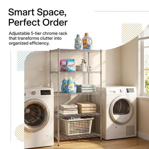 Built Like A Tank Heavy Duty Five Tier Wire Shelving Rack With Thick Steel Frame And Adjustable Chrome Pantry Shelves For Kitchen Laundry Home Storage Organization in laundry room with detergent and towels.