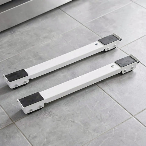 Heavy Duty Adjustable Appliance Sliders With Slick Steel Bases And Locking Brakes For Washers Dryers And Fridges on tiled floor.