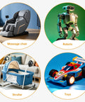 Collage of products including a massage chair, a robot, a stroller, and a toy car against varying backgrounds.