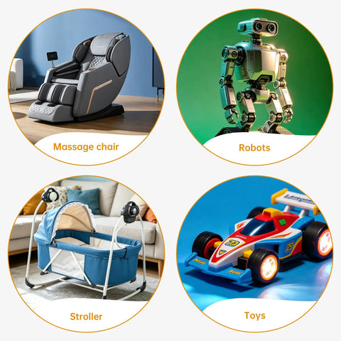 Collage of products including a massage chair, a robot, a stroller, and a toy car against varying backgrounds.