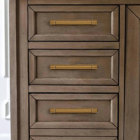 Straight Up Solid Zinc Alloy Cabinet Pulls With Vintage Backplate Antique Brass Drawer Handles on wooden drawers.