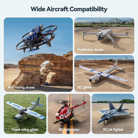 Wide Aircraft Compatibility showcasing various drones including FPV racing drone, multirotor drone, and RC glider.